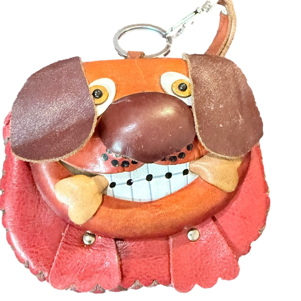 Real leather coin purse red dog holding bone